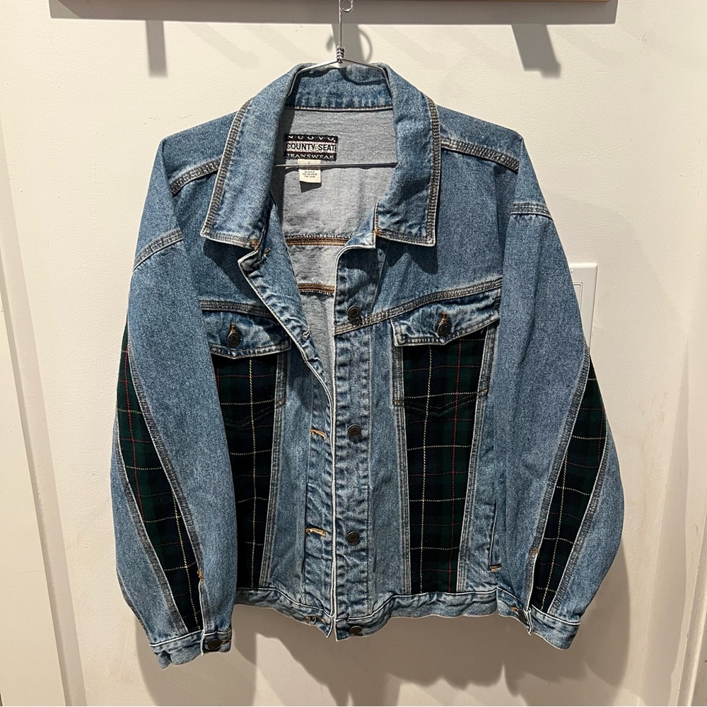 Vintage County Seat Blue Denim Inset Plaid Jacket Y2K 90s Retro